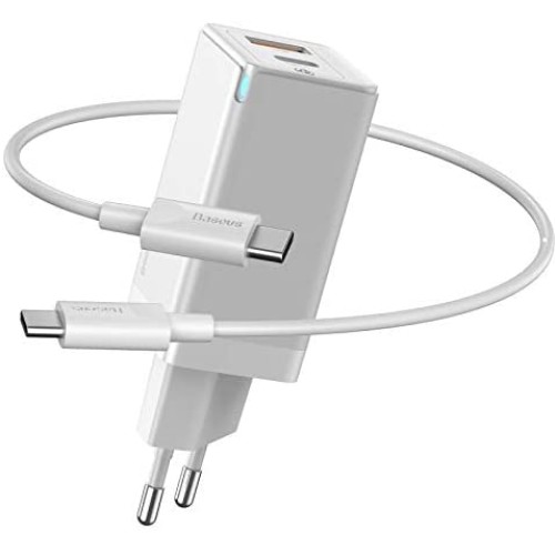 Baseus GaN2 Quick Charger C+U 45W EU Type-C to Type-C 60W 20V/3A 1M White CCGAN-Q02 - product image