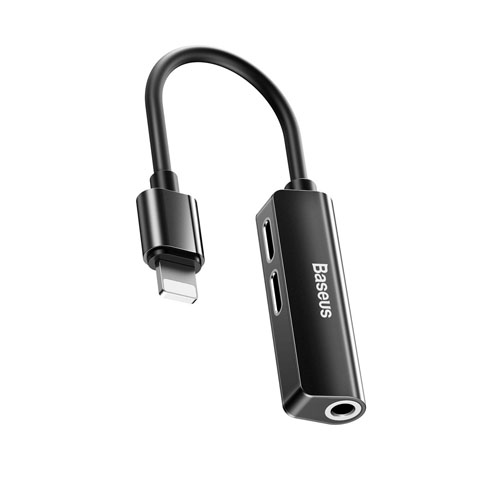 Baseus CALL52-S 3-in-1 iP Male to Dual iP &amp; 3.5mm Female Adapter L52 Silver-black - product image