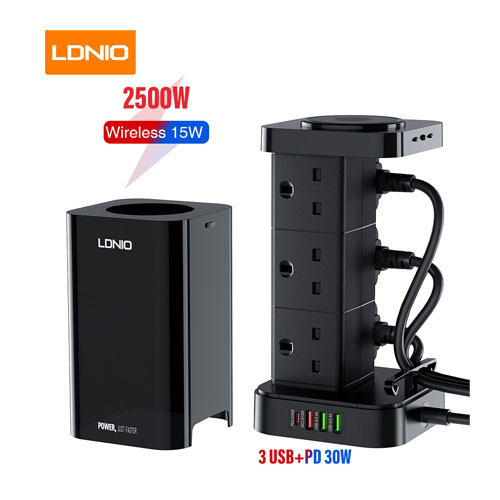 LDNIO SKW6457 6 Outlet USB Tower Extension Power Socket with 15W Wireless Charger - product image